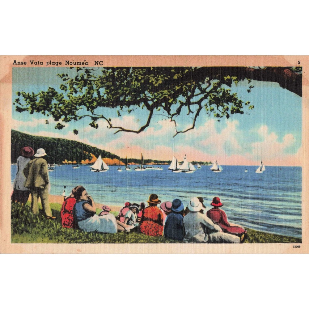 Vtg 1940's Anse Vata Plage Noumea NC Postcard Scenic Beach Sailboats People View - Picture 1 of 2